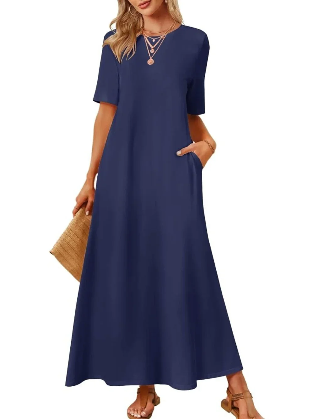Women's Navy Summer Casual Maxi Dress Vacation Crew Neck Short Sleeve Dress - Picture 1 of 6